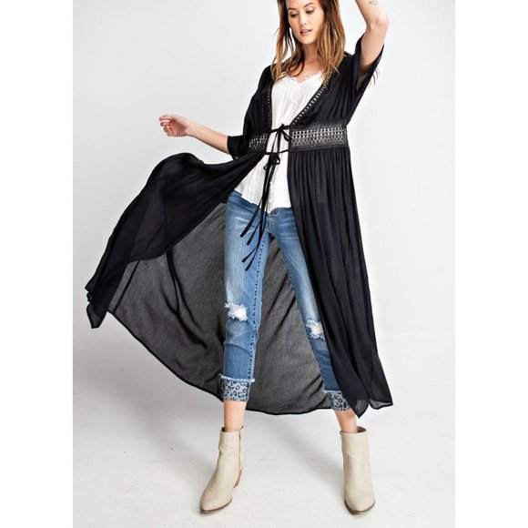 Sheer Black Crochet Maxi Kimono - Picture 3 of 7